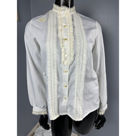 Vtg Lady Holiday Secretary Blouse w Lace Fitted Long Sleeves Ivory 36x24.5” - Picture 2 of 16